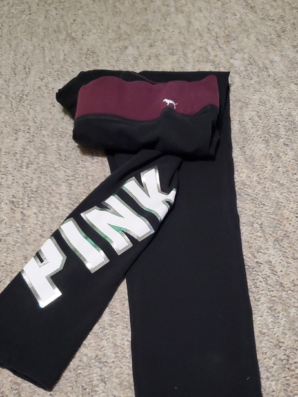 PINK Victoria's Secret Black Leggings with Maroon Waistband and Silver Logo